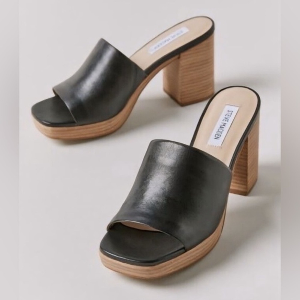 Steve Madden Elda Sandal Platform Block Heel Black Leather Size 10 Chunky Y2K